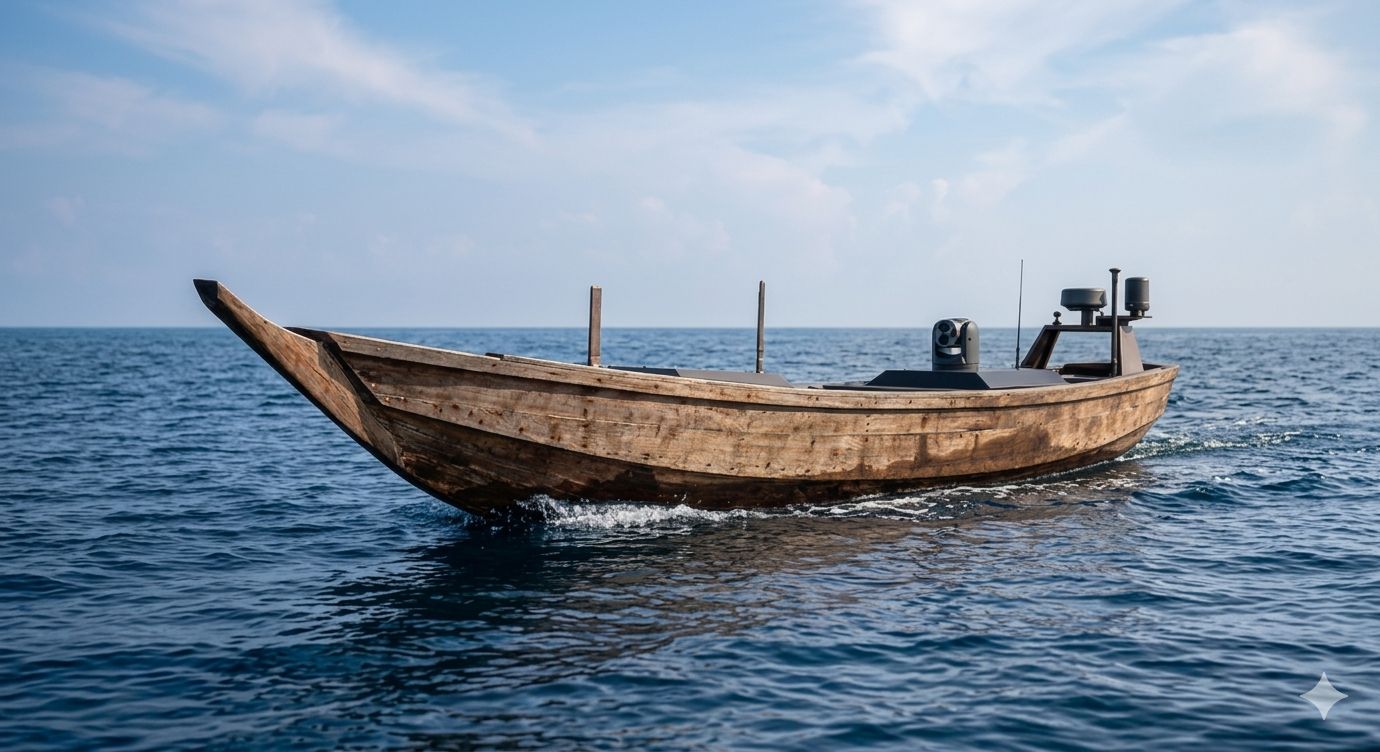 Yemaja USV V1 with radar, thermal camera and AIS antenna at sea